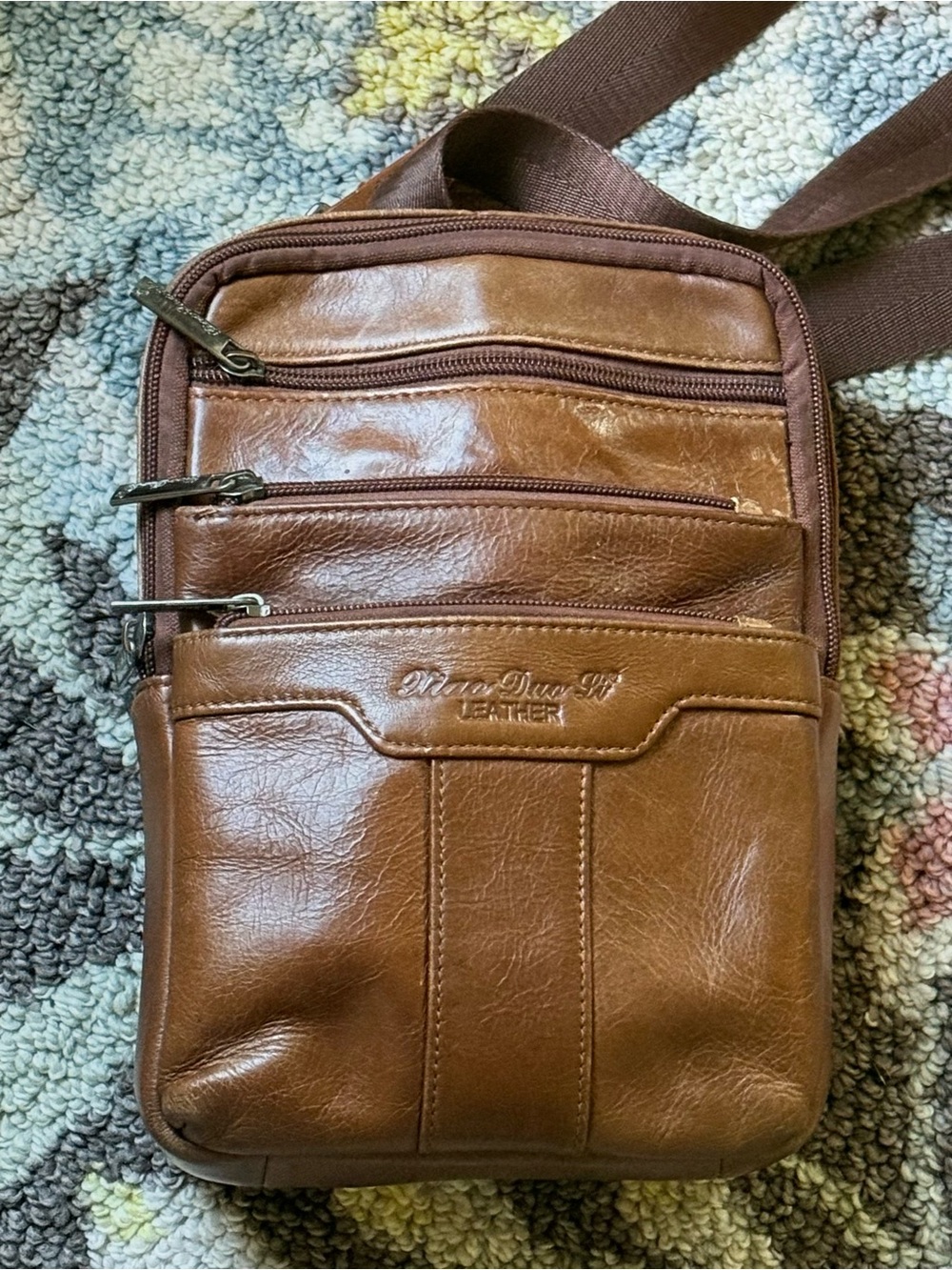 Xiao Duo Li Genuine Brown Leather Crossbody Bag Messenger Multi Pocket Travel